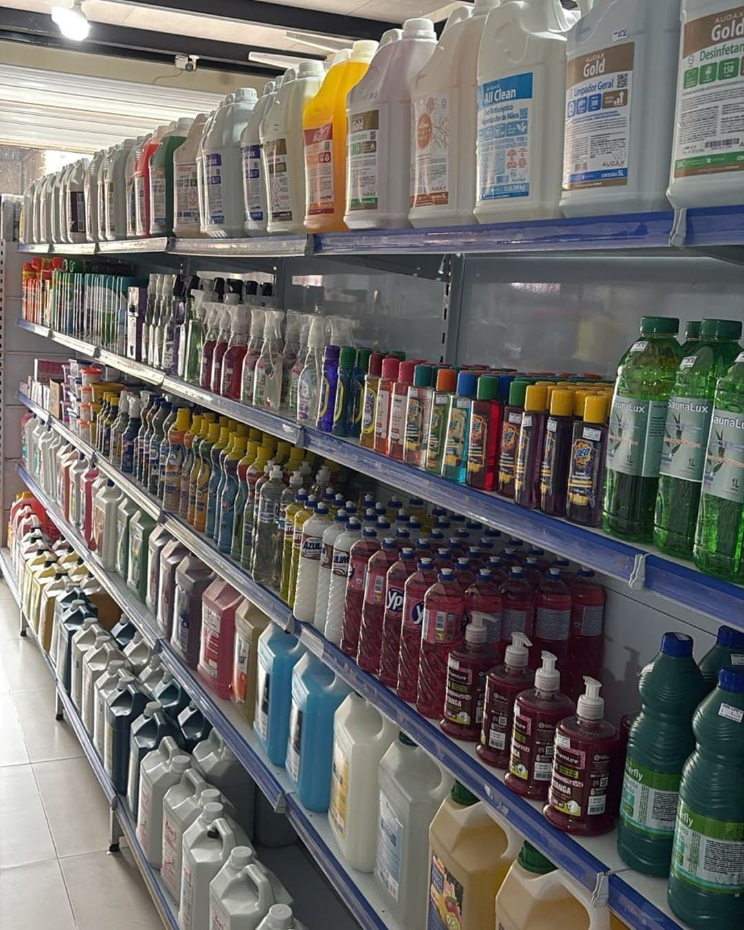 Corredor da loja Mais Limpo com linha completa de detergentes, desinfetantes e materiais de limpeza profissional